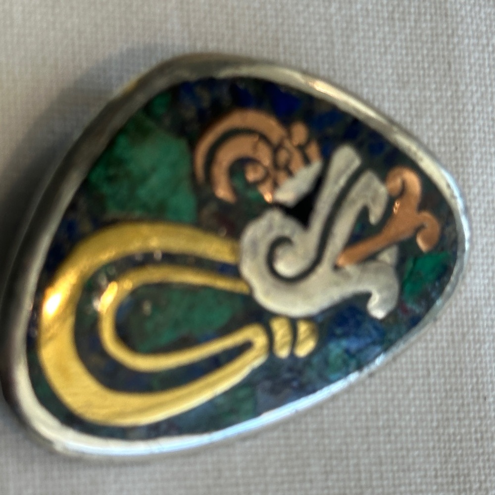 Taxco Mexico Ballesteros Sterling 925 Inlay Brooch Pendant Aztec Motif